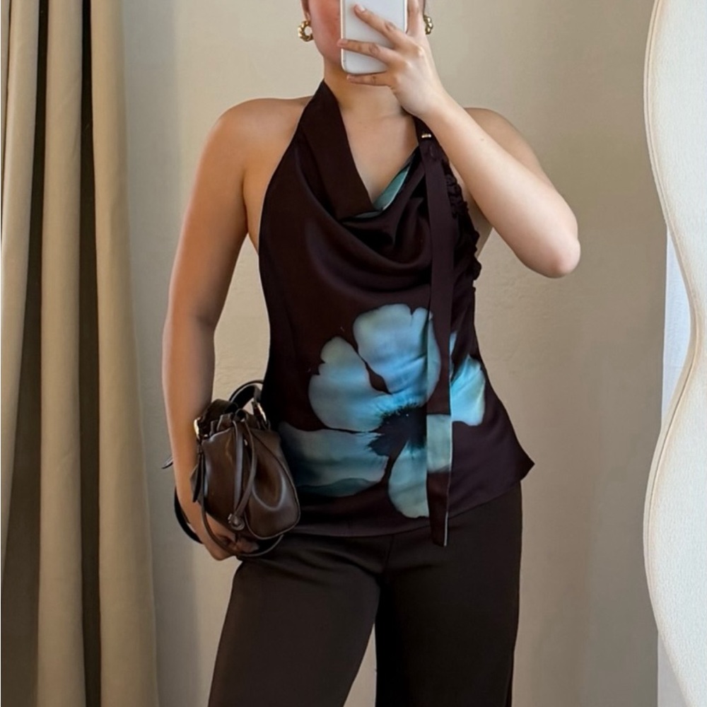 Zara Black and Blue Floral Halter Blouse